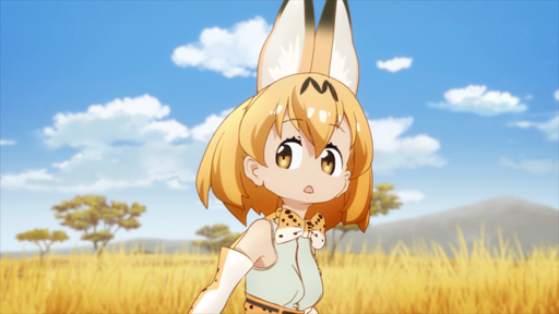 Screencap from "Kemono Friends": an anime girl standing in a savannah. She has the ears of a serval cat, as well as hair, eye color, and clothes inspired by the cat's fur pattern. Her hair is of an orangeish golden color, with a distinctive M-shaped black spot on the front.