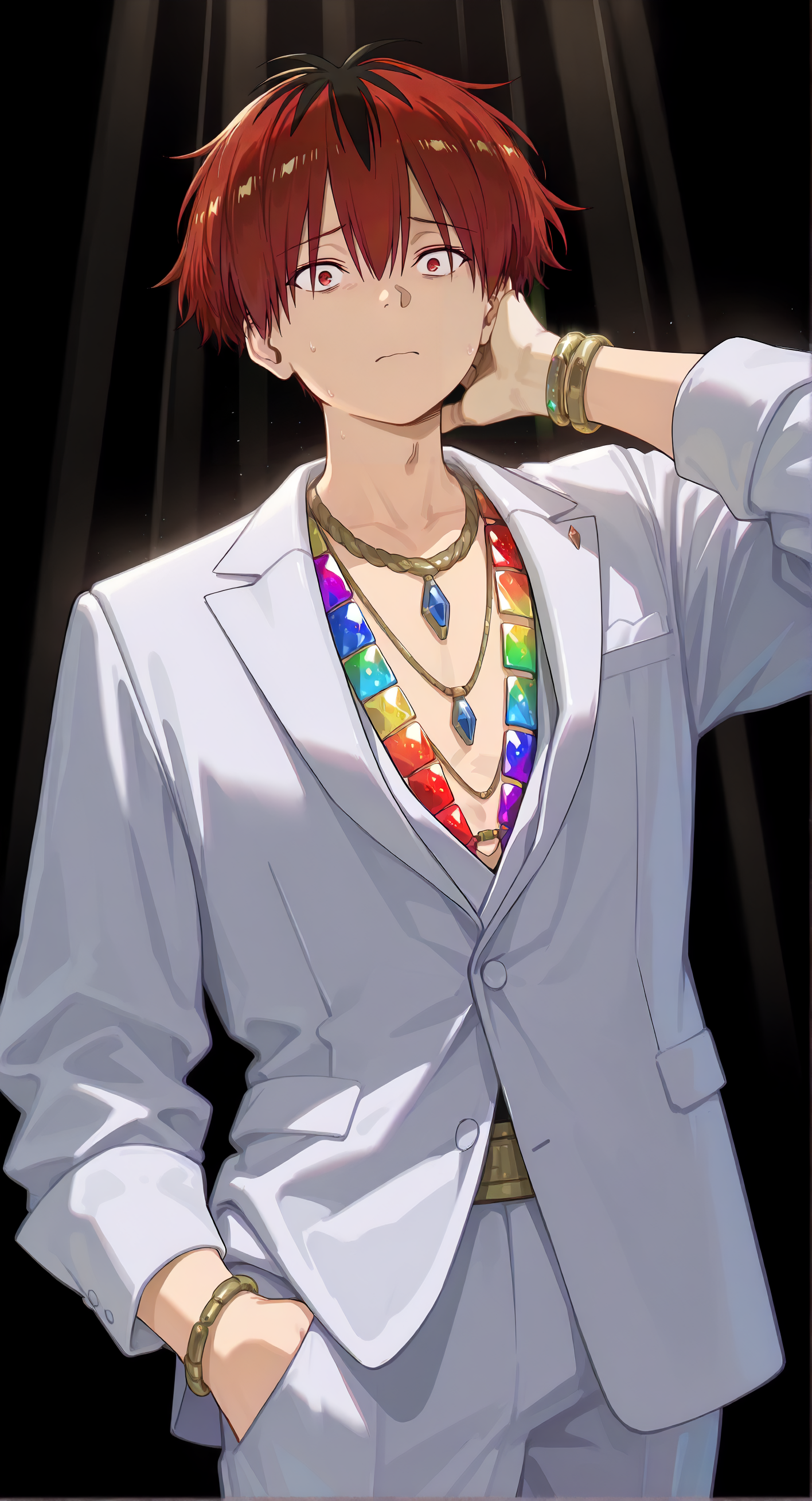 A young man with short, tousled red hair and red eyes. He is dressed in a white suit with multiple necklaces around his neck, including a prominent blue gemstone pendants and a rainbow-colored jeweled necklace. His right hand is placed in his pocket, while his left hand is raised, with his fingers running through his hair. He has a confident, somewhat aloof expression on his face. The background is dark, with beams of light illuminating him from above.