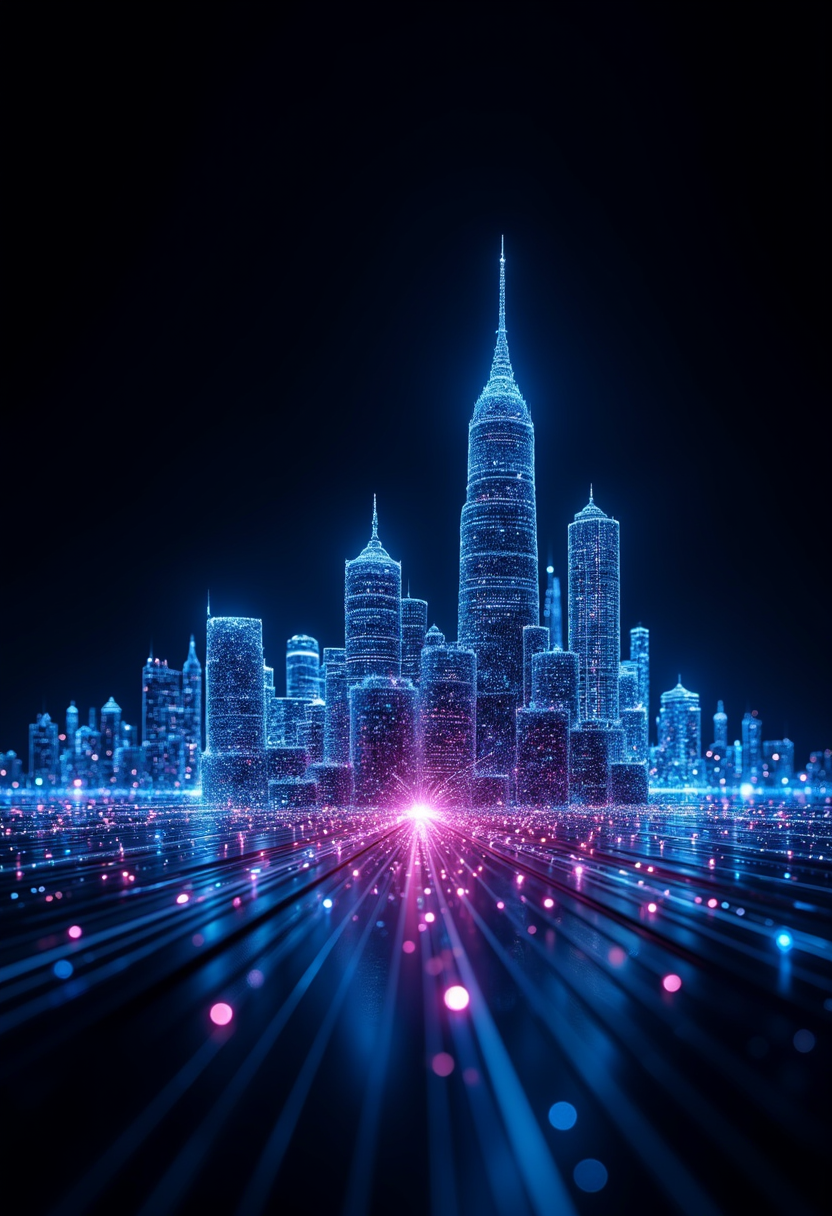 The image depicts a city skyline with a prominent, are stylized with a neon blue glow and surrounded by numerous points of light. From the center of the image, radiant pink light beams streak towards the viewer in a symmetrical pattern, creating a dynamic sense of movement and energy.