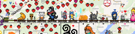 Pixel art train composed of a lot of little flat-bed wagons with various pixel arts on top of them