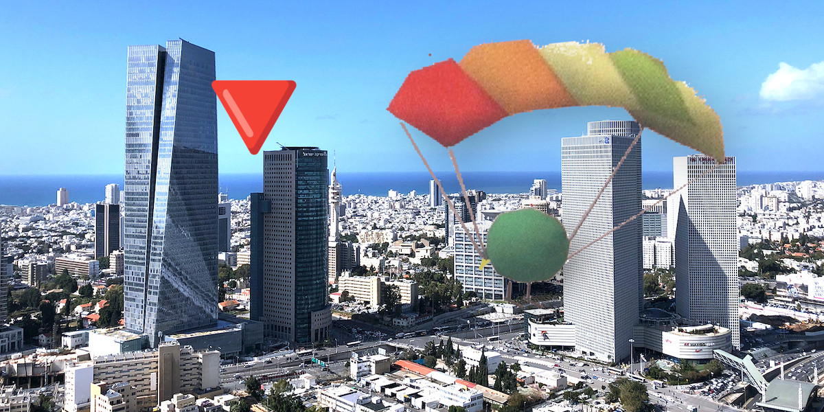 low-poly green bird equipped with a fabric paraglider descends onto tel aviv.