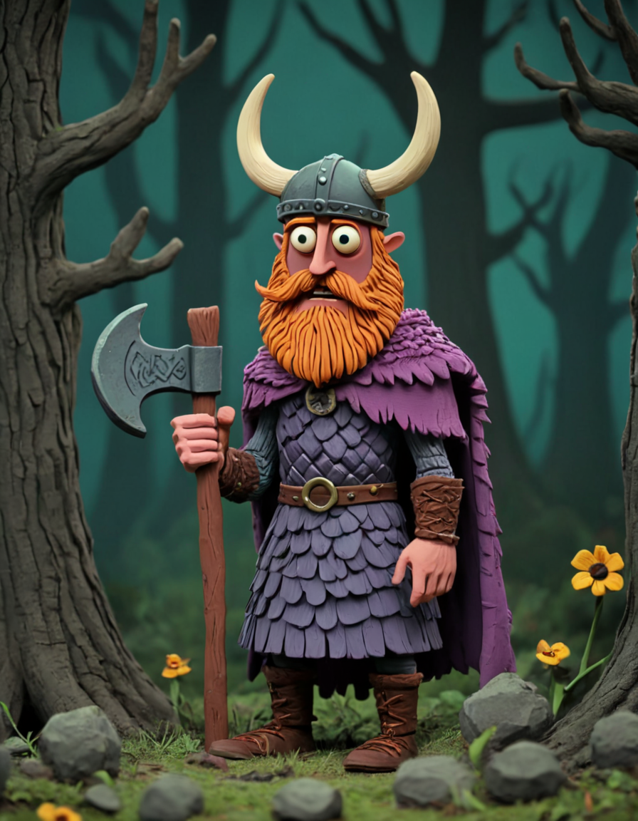 A stylized Viking figure, standing in the center of a forest setting with an overcast sky. The figure is adorned with a horned helmet, has an orange beard, and wears a purple cloak over purple armor. In the figure’s right hand is a large axe. Surrounding the figure are twisted, bare trees and scattered rocks on the ground; along with some yellow flowers.