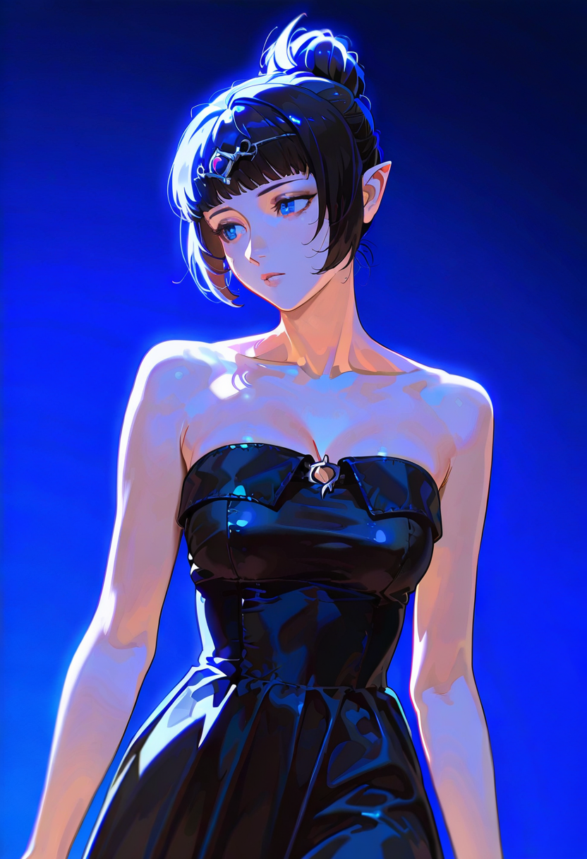 A woman with blue eyes, pointed ears, short, dark hair styled into a high bun with bangs framing her face wearing a strapless, black satin dress. The background is a deep blue gradient, and the lighting is cool and focused.