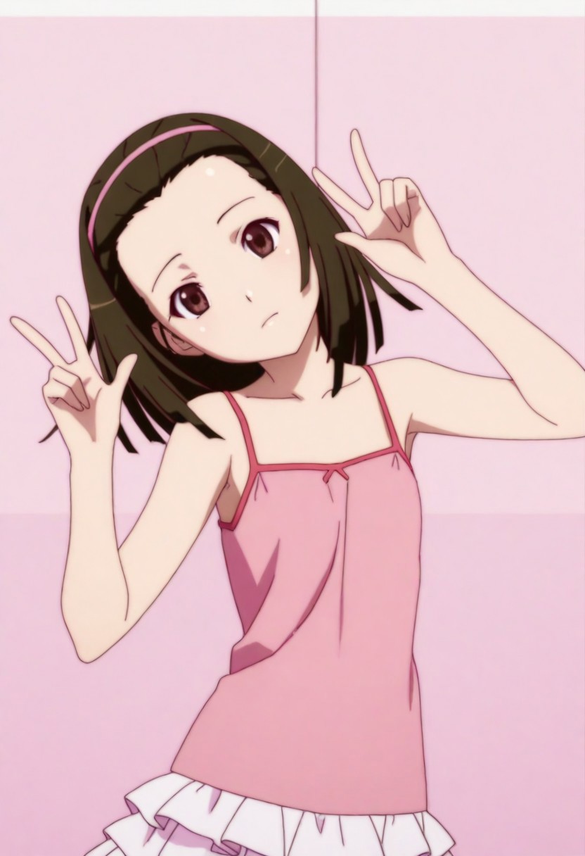 A girl with brown eyes, short, dark brown hair with a pink headband with her arms raised making peace signs with both hands.  She is wearing a pink spaghetti strap top and a white skirt with ruffled edges. 