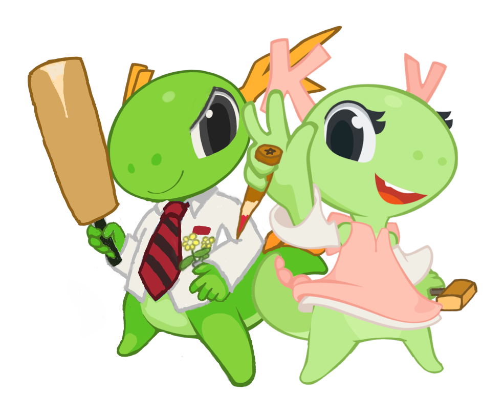 The KDE dragons are ready for Halloween! Konqi is Shaun from "Shaun of the Dead" and Katie is Buffy, the Mighty Vampyre Slayer.