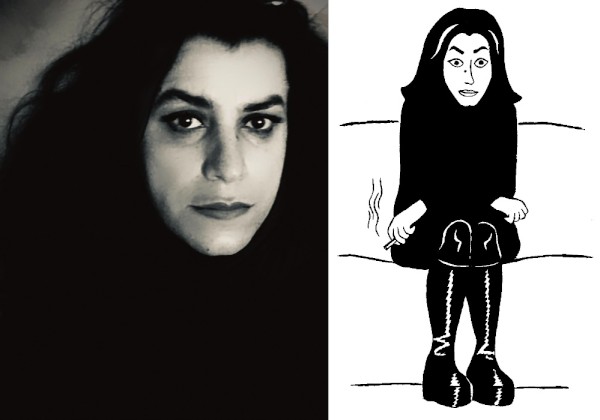 Deux images : à gauche, un portrait en noir et blanc de l'autrice de BD Marjane Satrapi, à droite un dessin, autoportrait d'elle plus jeune en Iran, portant un voile
