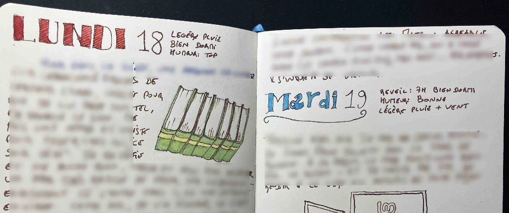 a view from my journal. For each day, there is a lettered and painted date + a few words regarding my mood, the weather and how well I slept