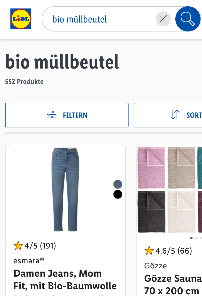 Screenshot von einer Suche auf lidl.de nach "bio müllbeutel". Das erste Suchergebnis ist eine "Damen Jeans, Mom Fit, mit Bio-Baumwolle"..