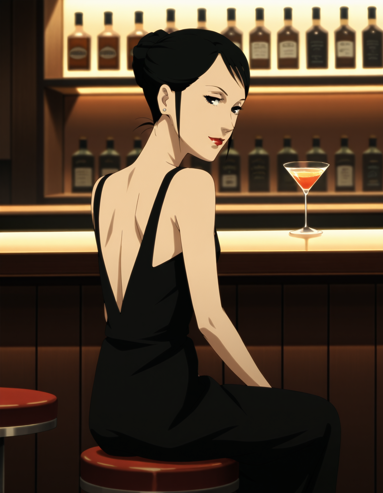 A woman with black hair tied in a bun, sitting on a red bar stool in a dimly lit bar. She wears a black backless dress and her expression is confident, with a slight smile. The background shows a well-stocked liquor shelf with various bottles, illuminated by warm, yellow lighting, creating a cozy atmosphere. In front of her, on the bar counter, is a martini glass with an orange cocktail. 