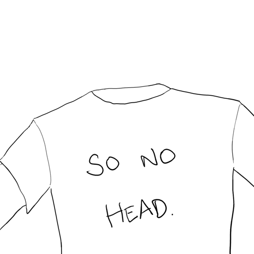 A person wearing a T-shirt, but missing a head. The T-shirt reads "SO NO HEAD."