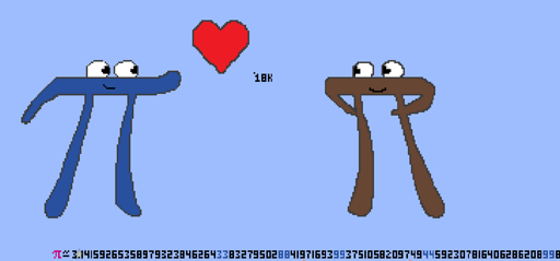 Pixel art drawing of 2 PI greek symbol as characters with eyes and a heart between them. Below is the PI series: "Pi" approx. equal: 3.141592... (continuing)