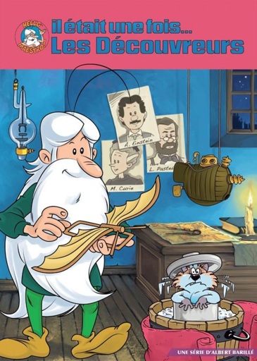 Poster for "Once Upon a Time… The Discoverers" showing Maestro holding a small flying machine resembling da Vinci's Great Kite. Next to him looks to be a displeased cat in a small metal bucket in a bigger wood barrel of soapy water with a pink towel wrapped around it. In the background on a wood table sits a map and compass, a book and candle, from the ceiling hangs a miniature reconstruction of the world's first submarine (Bushnell's Turtle) as well as something I'm not quite sure what is but resembles a strangely-shaped boiling flask hanging from a coil with bits of gold on the top and bottom and a claw on a pendulum inside with another metal bit. On the blue walls you can see portraits of Einstein, Curie and Pasteur, and a window to the night sky. The floor is made of wood. Maestro is dressed in a green long-sleeved loose tunic and light green tight pants and has big brown shoes. He has light skin, a baguette-like nose, two antenna-like long thin cowlicks shooting from the top of his head, and most notably his hair and beard are completely white and extend to his knees if not almost to the floor. The top fifth of the poster consists of a solid pink background with the Hello Maestro logo on it and the series title in French in a fairly plain sans serif blue font. In the lower right of the poster in smaller text, French text reads, "A series by Albert Barillé".
