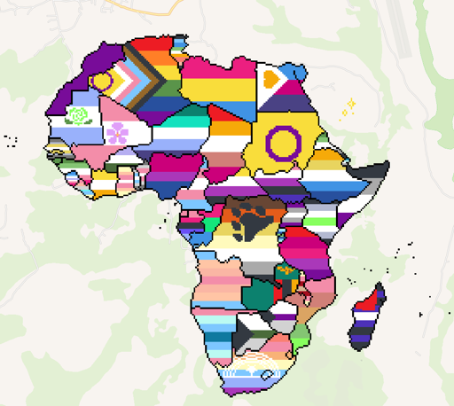 Pixel art drawing of the African continent, with every country borders visible. Every country is filled with a community flag (Gay, Transgenders, Asexuals...)