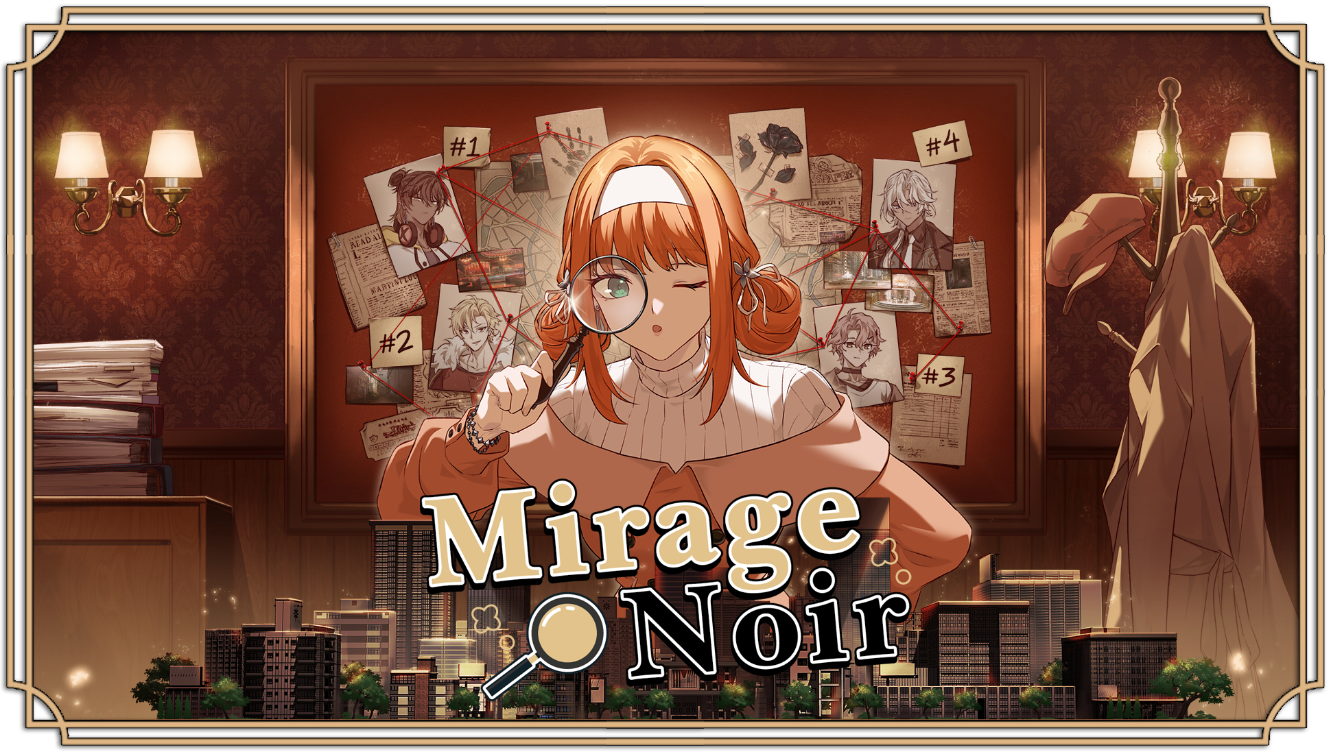 Mirage Noir Key Visual showing the female protagonist, Yunie, in front of a pinboard covered with pictures of the maincast and red string. She is posing with a magnifying glass.