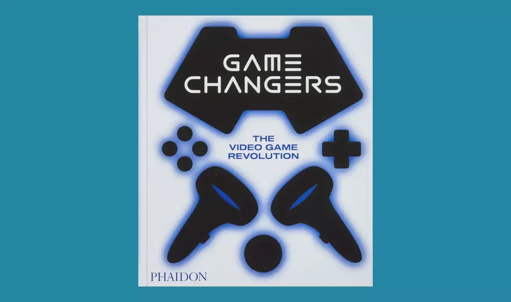 La couverture du livre, sur fond bleu, on y voit des symboles typiques des outils pour jouer aux jeux vidéos, manettes, boutons, joysticks