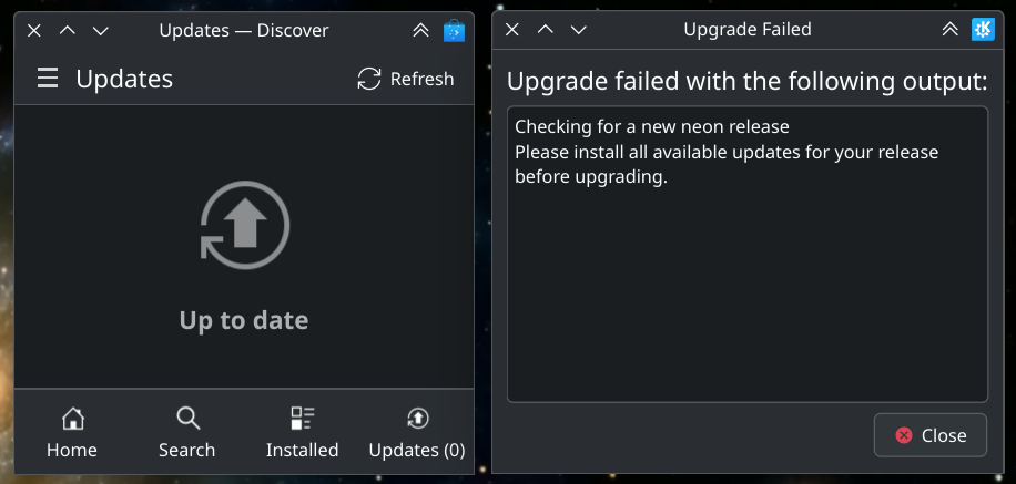 KDE neon 6 : "Up to date" vs "install all available updates [...] before upgrading"