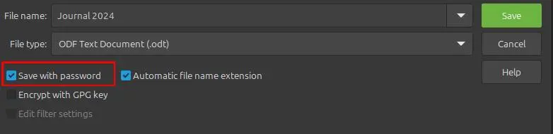 LibreOffice Writer, saving a password protected document option