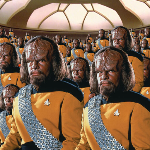 Many worfs all being squashed into the bridge of the Enterprise-D
