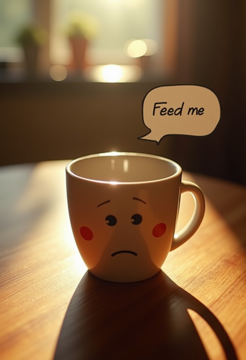 A white mug with a sad face design on its surface, placed on a wooden table. The mug is illuminated by warm sunlight coming from the window behind it. A speech bubble above the mug contains the text “Feed me,”. 