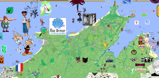 WPlace screenshot: The map as been redrawn in comics style, highlighting an old village under magnifying glass