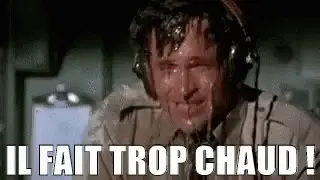 Gif accompagné du texte : "Il fait trop chaud !". Dans le gif, on y voit une personne, souffrant et suant comme une passoire. Son tshirt est mouillé, la sueur dégouillent abondamment sur son front qu'il éponge avec sa main pour dégager sa vue.