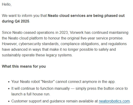 capture d'email de Neato