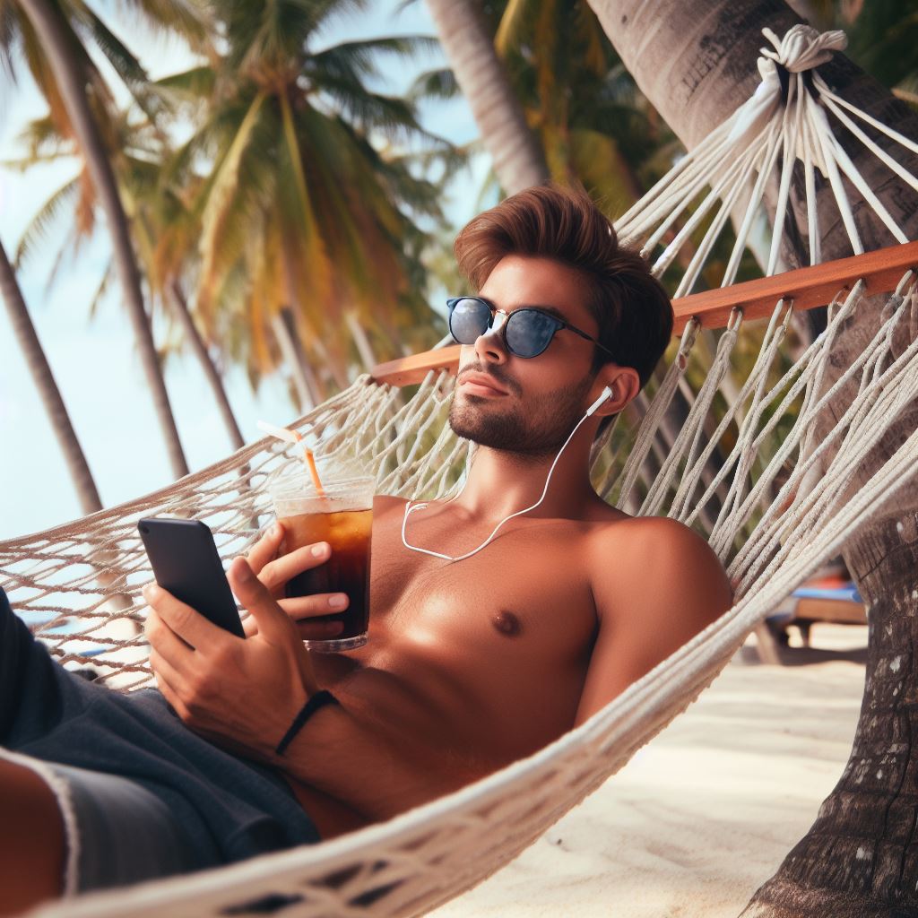 image d'un type torse nu avec une boisson et un téléphone dans un hamac. créé par IA donc très smooth