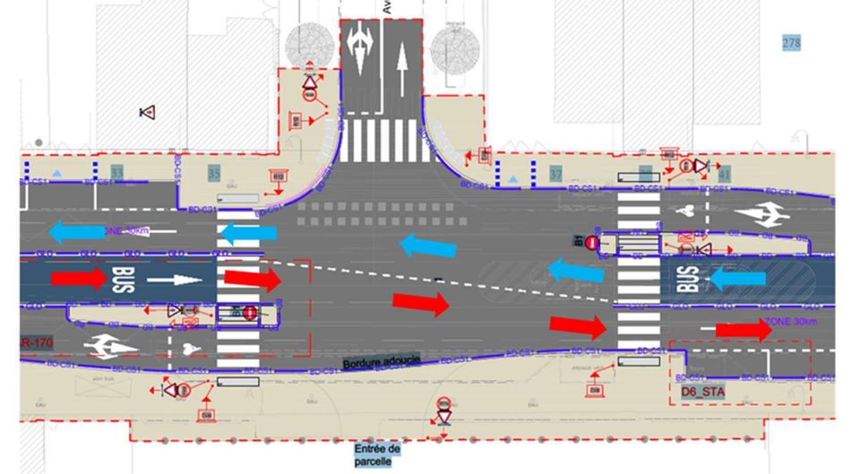 schéma de la voie de bus alternée dans l'espace, ou le bus sort de sa voie dédiée pour rejoindre celle des voitures en plein carrefour.