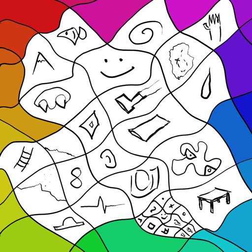 A collection of symbols drawn with black ink on a white background, with a colourful rainbow border around the image