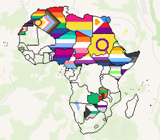 Pixel art drawing of the African continent, with every country borders visible. Every country is filled with a community flag (Gay, Transgenders, Asexuals...). Drawing is not complete, only north african countries are drawn yet