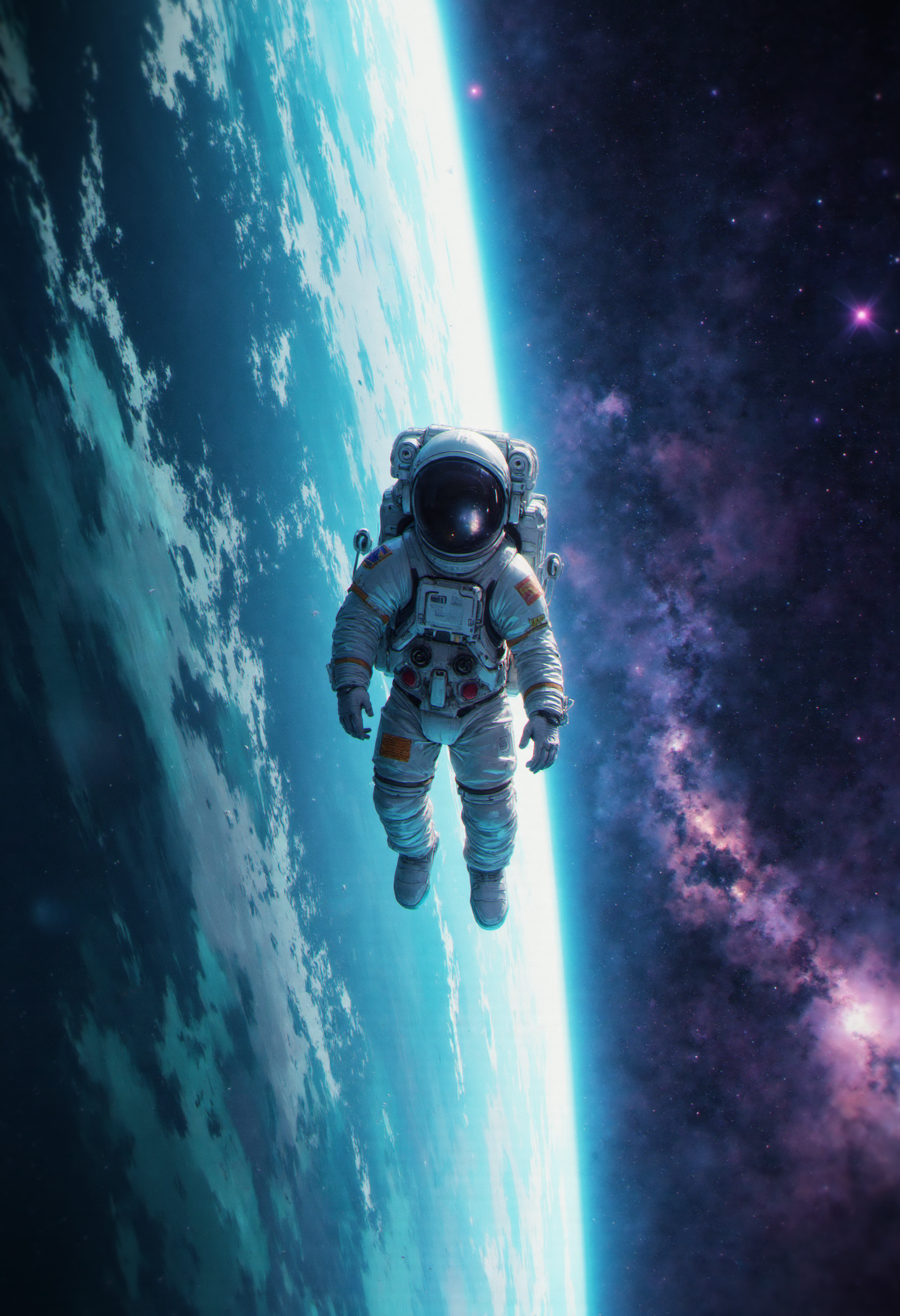 An astronaut in a white space suit floating in space with a blue atmosphere in the background occupying the left side of the frame. The astronaut is centered and facing the viewer, with the vastness of space is represented by a star-filled cosmos with hues of purple and blue nebulas, on the right side.