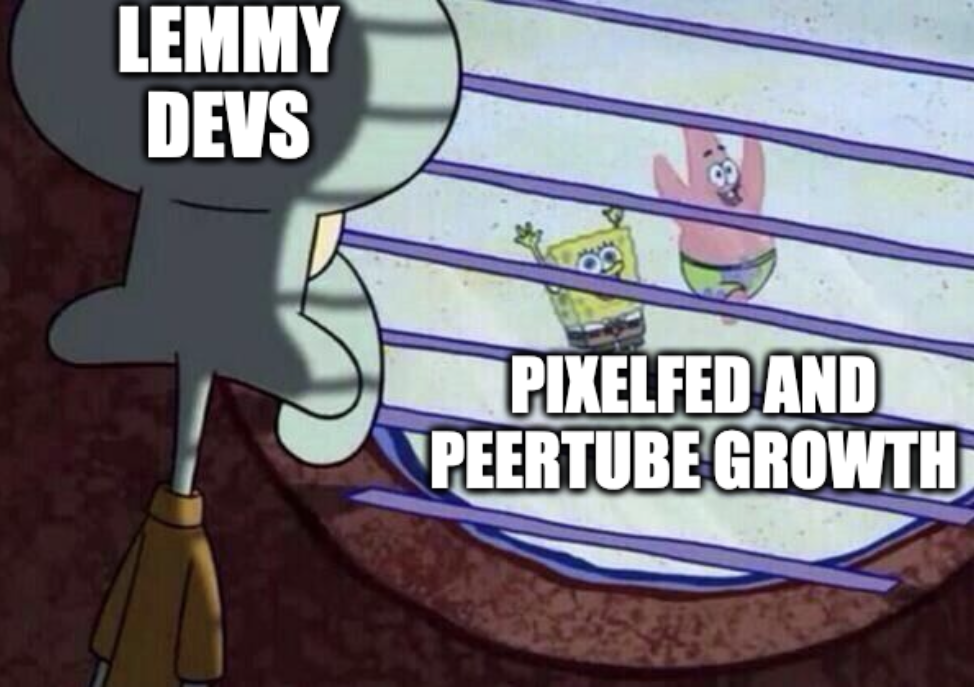 "Lemmy Devs" Squidward staring out the window of Sponge Bob and Patrick having fun "Pixelfed and peertube growth" 