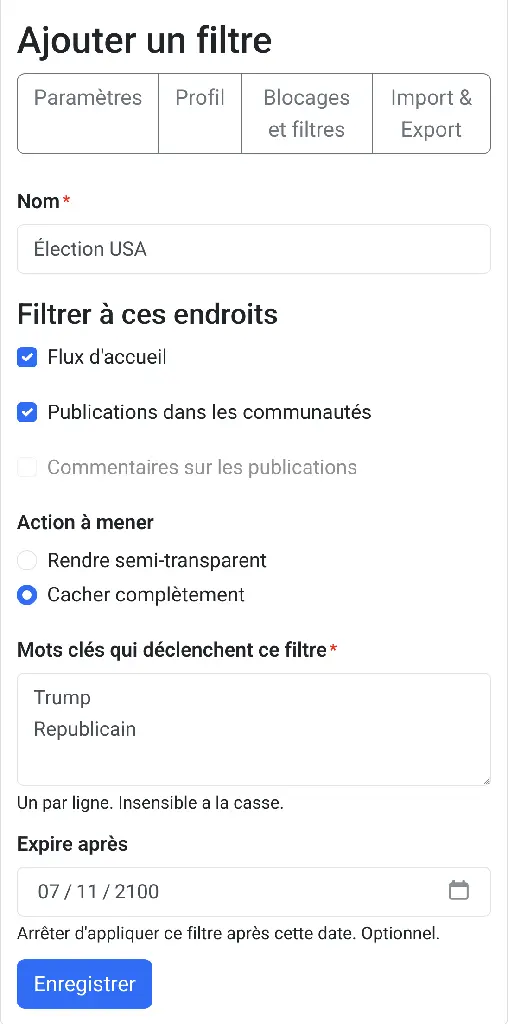 Piefed paramètre du filtre de mot