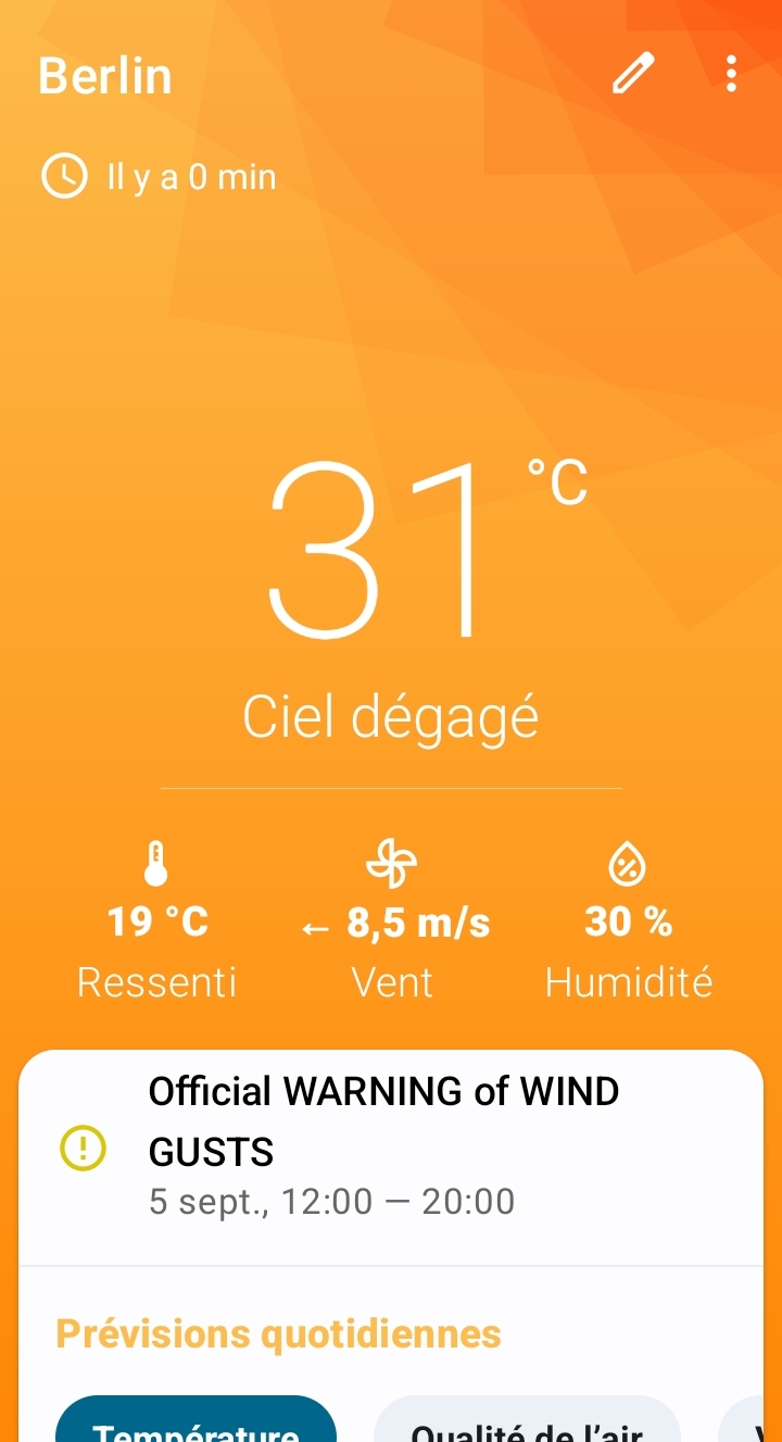 capture écran d'une appli météo qui affiche 31 degrés à Berlin