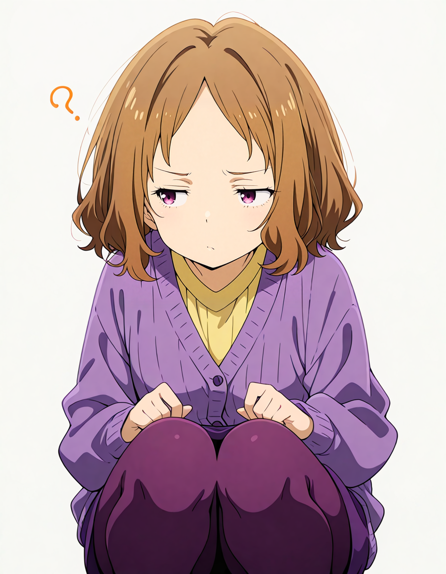 A young woman with shoulder-length, light brown hair and purple eyes crouching with her knees drawn up to her chest and her hands resting on her legs. She is wearing a loose-fitting, long-sleeved purple cardigan over a yellow shirt, a purple skirt and leggings. Her expression appears to be one of confusion or concern, as indicated by a small, orange question mark hovering above her head. 