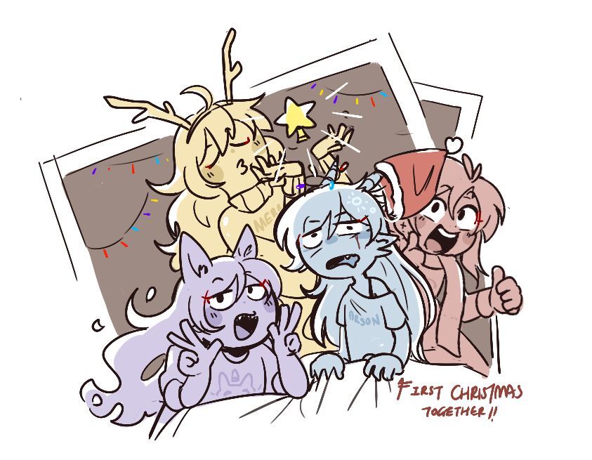 Art of the RWBY girls waking a distraught-looking Weiss up for Christmas. 