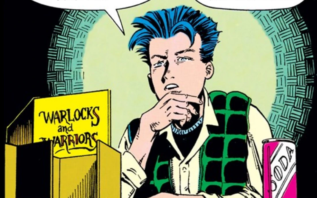 Art of Tim Drake from "Robin Vol. 2 Triumphant Comic Issues #1-4". He is a white teenage boy with blue-black, spiky hair. He is playing a game labelled "Warlocks and Warriors".