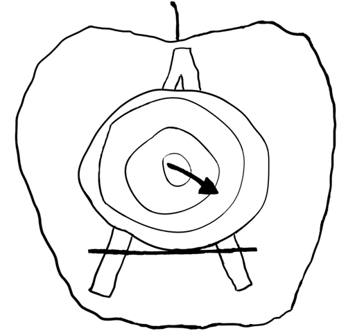 An arrow piercing a target placed on an easel shaped like an uppercase A, inside the outline of an apple