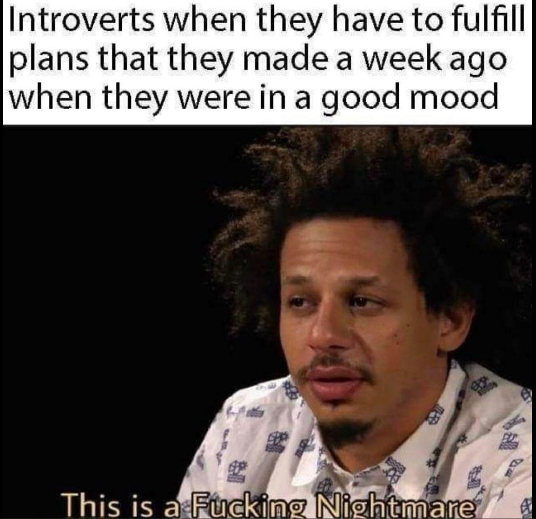 introverts when they make plans in a good mood and now they have to do them a week later. "this is a fucking disaster" Eric and Andrew show 