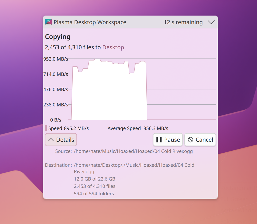 A screenshot of a fancy-pants graph showing progress of a file transfer.