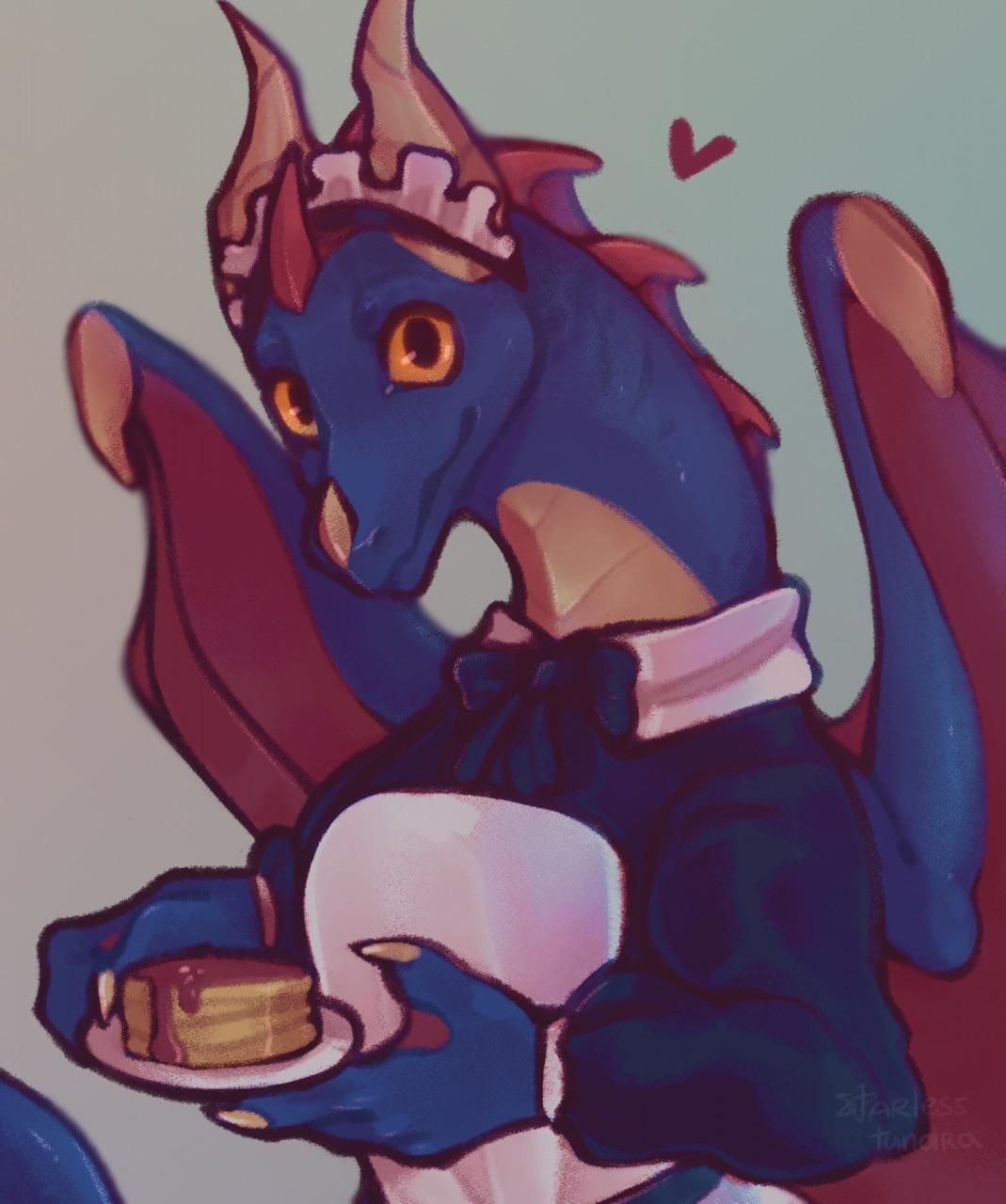 A dragon who is a housemaid delivering a stack of pancakes to their master. We as the viewer are seeing them form the perspective of their master.