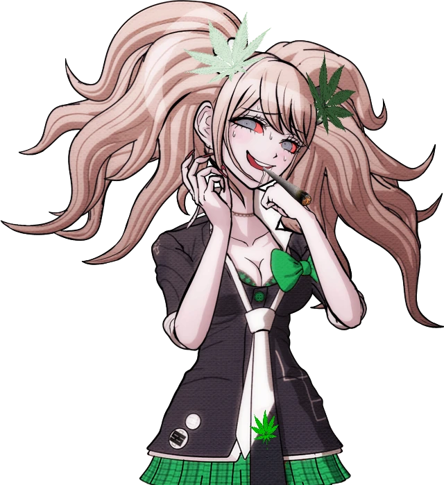 An image of Junko Enoshima from Dangan Ronpa: Tigger Happy Havoc. She's been photoshopped to be green and covered in weed leaves.