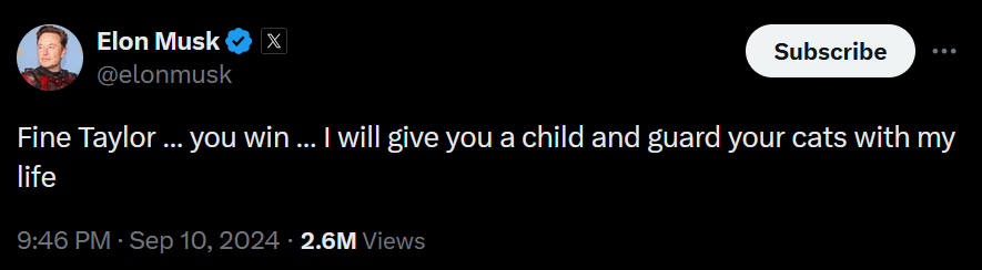 screenshot of tweet by Elon Musk, CEO of Hyperloop. It says: Fine Taylor … you win … I will give you a child and guard your cats with my life 