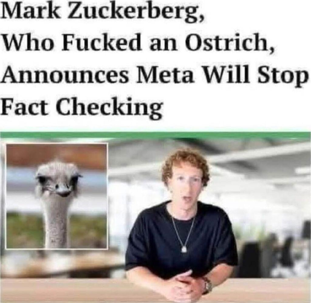 An image showing an ostrich and Mark Zuckerberg with the headline "Mark Zuckerberg, who f*cked an ostrich, announces meta will stop fact checking."