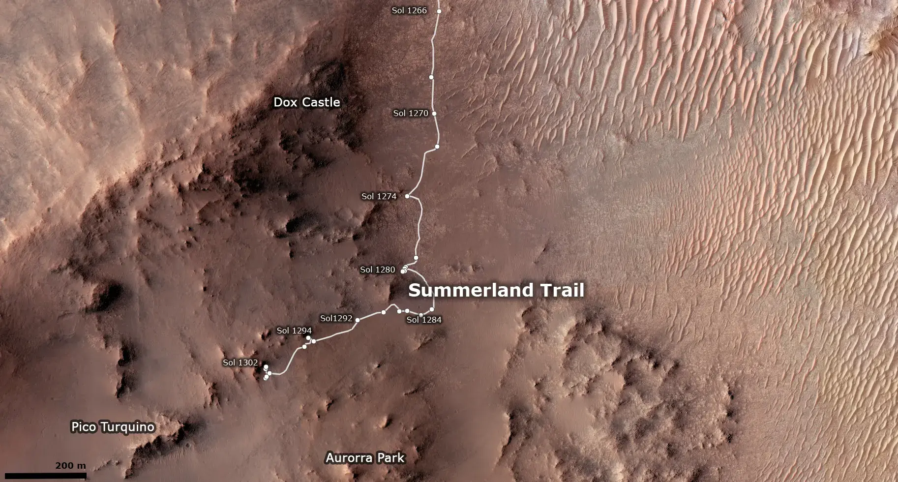 a map of the Rovers Jorney til Sol 1302. It curently drives in the so called Summerland Trail,   and is getting close to the Pico Turquino formation.