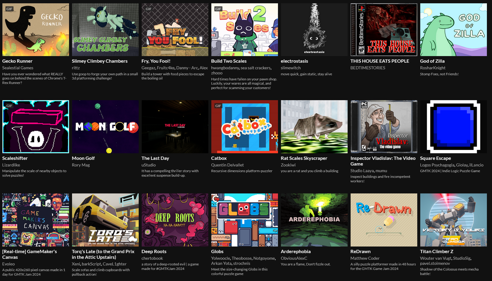 Screenshot of the top of the game jam submissions page, showing a whole bunch of fun-looking games