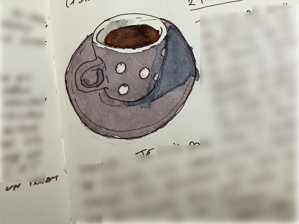 Watercolors of a greyish cup of coffee with large white dots